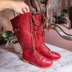 Red Lace-Up Below-The-Knee Boots, New, Size 6.5 / 37